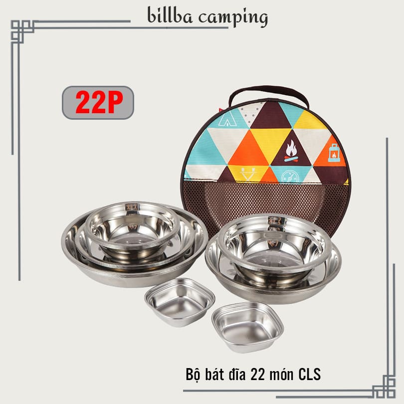 Bộ 22 Chiếc Chén Bát Đĩa Inox Xếp Gọn Chống Gỉ Cao Cấp Dùng Khi Đi Dã Ngoại Cắm Trại Có Túi Đựng 